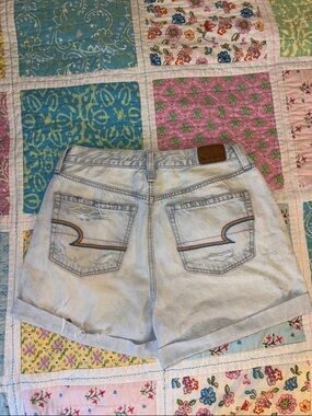 High wasted Light Wash Denim Shorts with Rainbow Stitching - Women's
